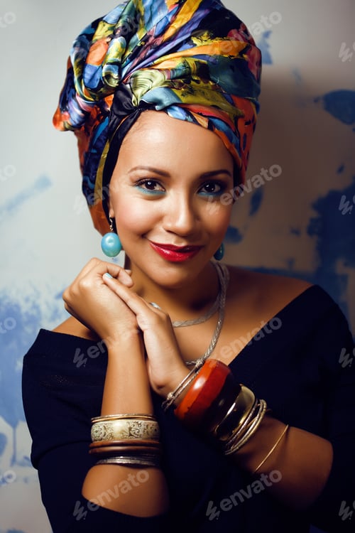 Preview: Beauty Bright African Woman With Creative Make Up, Shawl On Head Like Cubian Woman