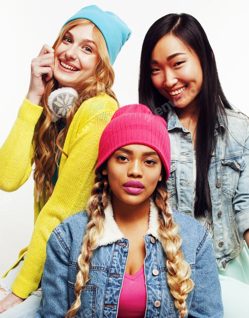 Preview: Diverse Nation Girls Group, Teenage Friends Company Cheerful Having Fun, Happy Smiling, Cute Posing