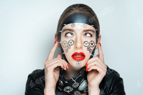 Preview: Portrait Of A Beautiful Steampunk Woman Over Gray Background. Vintage Accessory Black Metal Clock