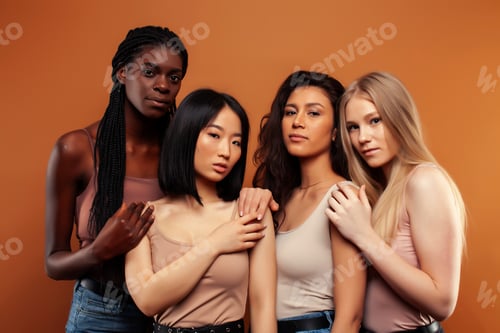 Preview: Young Pretty Asian, Caucasian, Afro Woman Posing Cheerful Together On Brown Background, Lifestyle