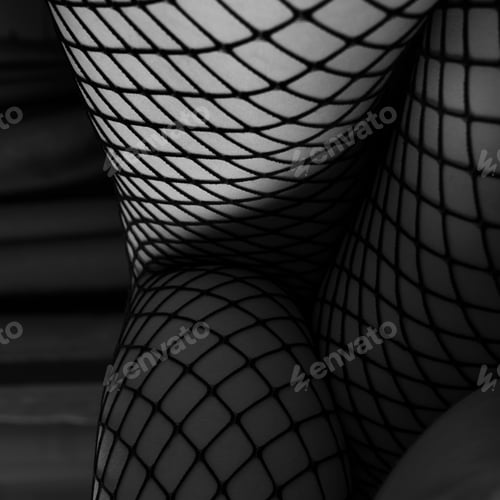 Preview: Female Legs Selective Focus, Fishnet Stockings Fetish Concept. Black And White