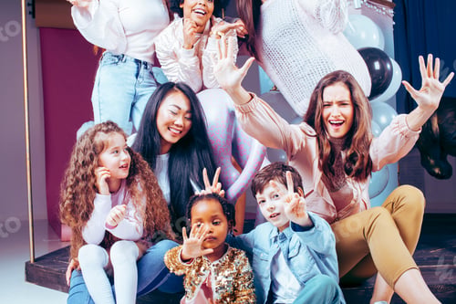 Preview: Lifestyle And People Concept: Young Pretty Diversity Nations Woman With Different Age Children