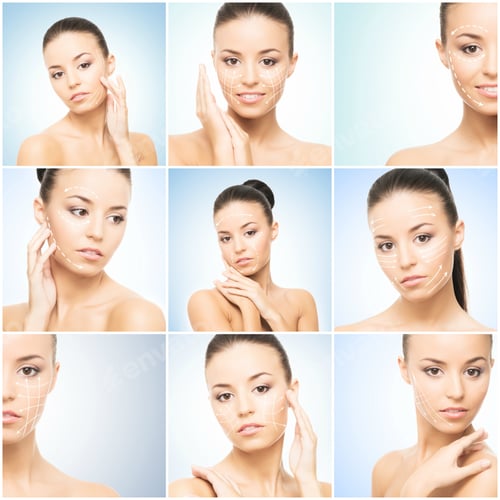 Preview: Close-Up Portrait Of Beautiful, Fresh, Healthy And Sensual Girl With Arrows On Her Face. Medicine
