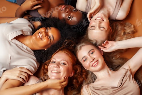 Preview: Young Pretty Caucasian, Afro, Scandinavian Woman Posing Cheerful Together On Brown Background