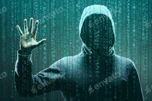 Preview: Computer Hacker In Mask And Hoodie Over Abstract Binary Background. Obscured Dark Face. Data Thief