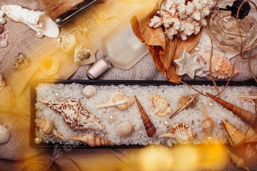 Preview: A Lot Of Sea Theme In Mess Like Shells, Candles, Perfume, Girl Stuff On Linen, Pretty Textured Post