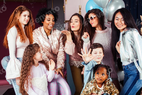 Preview: Lifestyle And People Concept: Young Pretty Diversity Nations Woman With Different Age Children