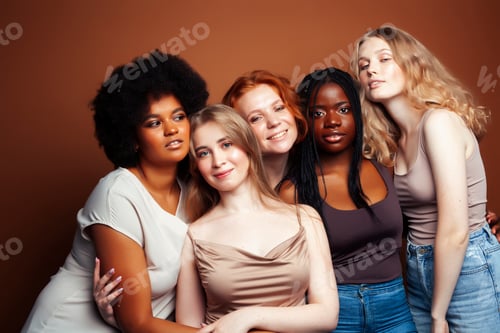 Preview: Young Pretty Caucasian, Afro, Scandinavian Woman Posing Cheerful Together On Brown Background