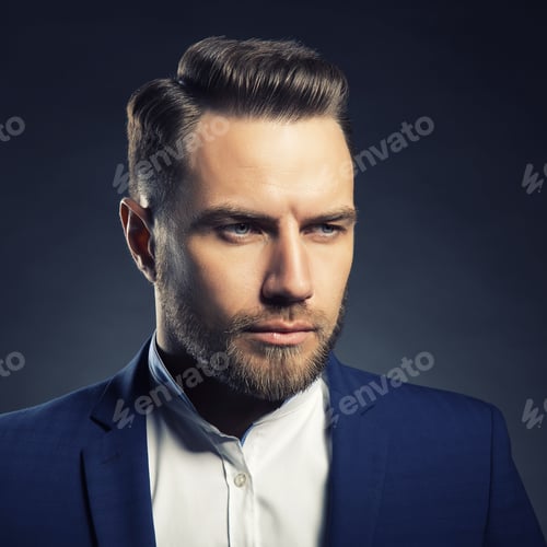 Preview: Portrait Of Handsome Stylish Caucasian Young Man In Elegant Blue Suit With Perfect Hair Style. Toned