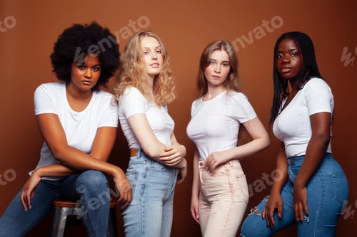 Preview: Young Pretty Caucasian, Afro, Scandinavian Woman Posing Cheerful Together On Brown Background
