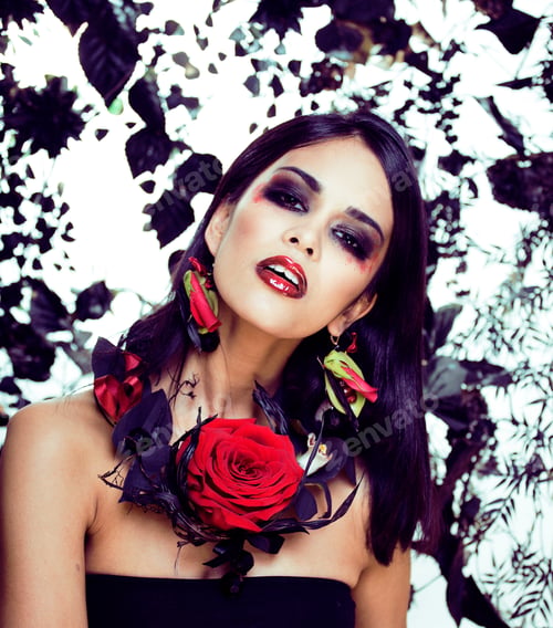 Preview: Pretty Brunette Woman With Rose Jewelry, Black And Red, Bright M