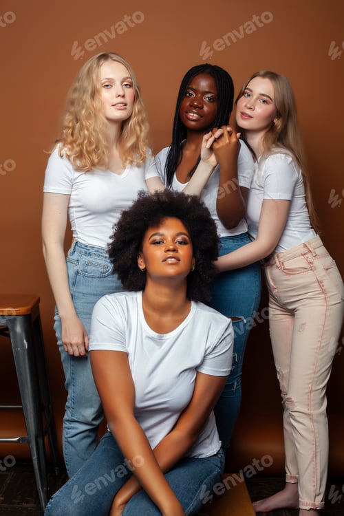 Preview: Young Pretty Caucasian, Afro, Scandinavian Woman Posing Cheerful Together On Brown Background