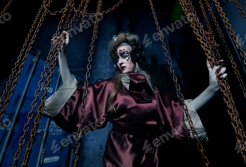 Preview: A Young Woman With Bright Makeup In A Steampunk Scenery Holds With Her Hands For Red Chains.