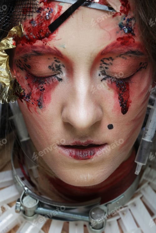 Preview: Close Up Portrait Young Woman With Bright Make Up, Halloween Theme.