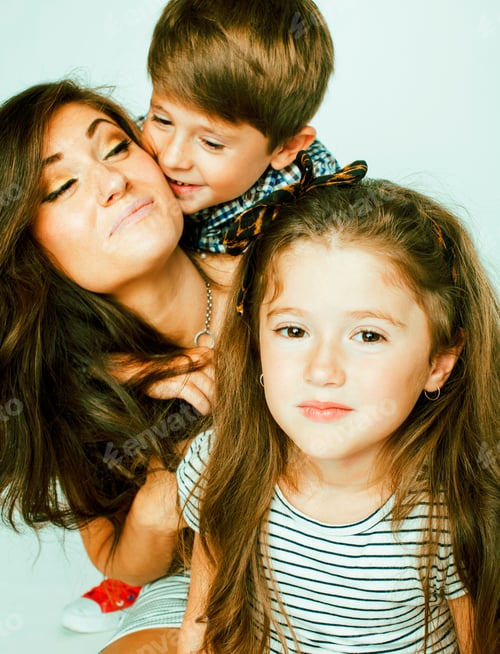 Preview: Young Mother With Two Children On White Background, Happy Smilin