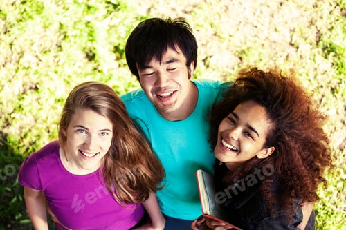 Preview: Cute Group Of Teenages In Green Park At Summer With Books Huggings, Diversity Nations Real Students