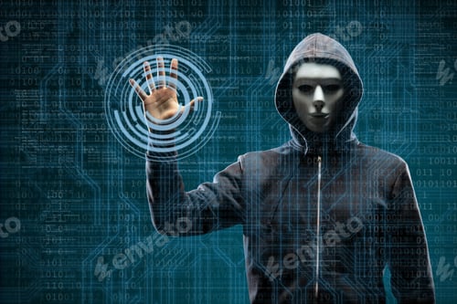Preview: Computer Hacker In Mask And Hoodie Over Abstract Binary Background. Obscured Dark Face. Data Thief