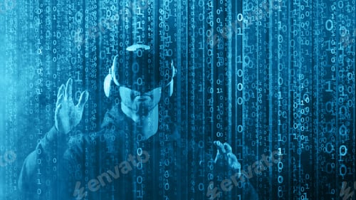 Preview: Portrait Of A Man In Virtual Reality Helmet Over Abstract Digital Background. Obscured Dark Face In