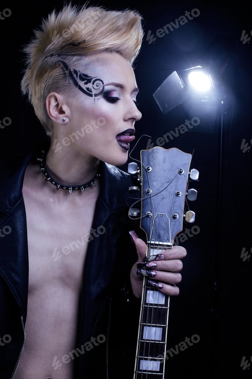 Preview: Fashion Rocker Style Model Girl Portrait. Hairstyle. Punk Woman Makeup, Hairdo And Black Nails