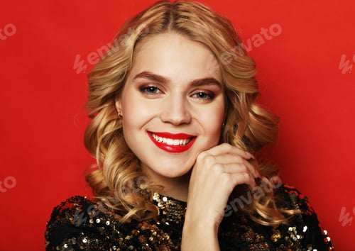 Preview: People And Lifestyle Concept: Surprised Blonde Woman With Long Wave Hair Wearing Evening Dress With
