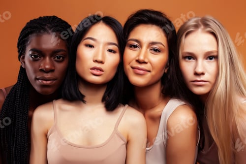 Preview: Young Pretty Asian, Caucasian, Afro Woman Posing Cheerful Together On Brown Background, Lifestyle