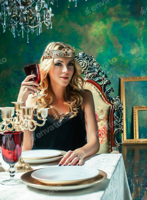 Preview: Young Blond Woman Wearing Crown In Fairy Luxury Interior With Empty Antique Frames Total Wealth