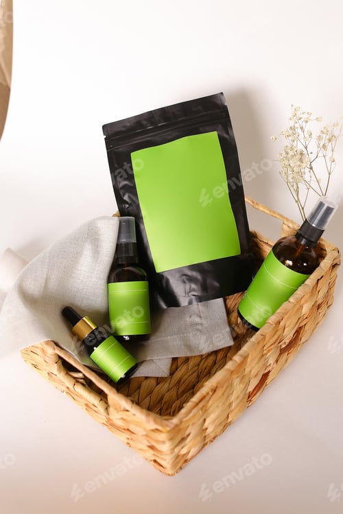 Preview: Black Doy Pack And Three Spray Bottles With Cosmetic Products In Wicker Basket, Green Space For