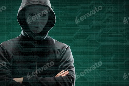 Preview: Computer Hacker In Mask And Hoodie Over Abstract Binary Background. Obscured Dark Face. Data Thief