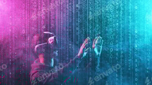 Preview: Portrait Of A Man In Virtual Reality Helmet Over Abstract Digital Background. Obscured Dark Face In