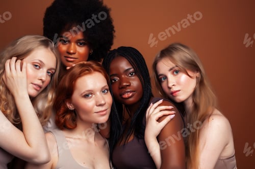 Preview: Young Pretty Caucasian, Afro, Scandinavian Woman Posing Cheerful Together On Brown Background