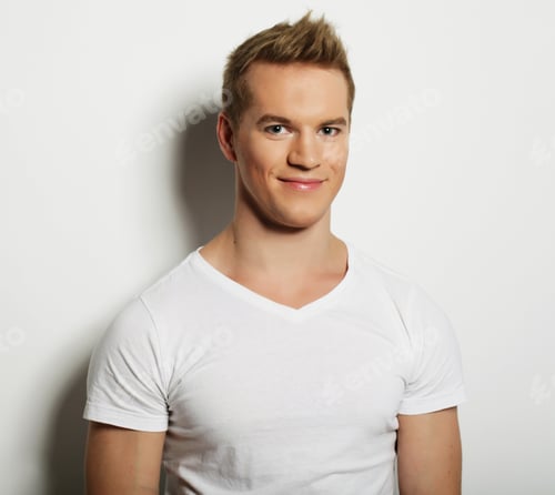 Preview: Handsome Young Man In Blank White Shirt, Happy Face