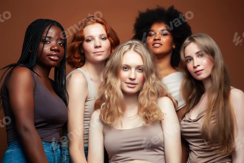 Preview: Young Pretty Asian, Caucasian, Afro Woman Posing Cheerful Together On Brown Background, Lifestyle