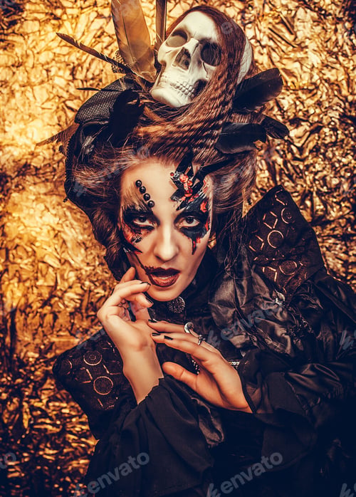 Preview: Young Woman Wearing Dark Costume. Bright Make Up And Smoke- Halloween Theme.