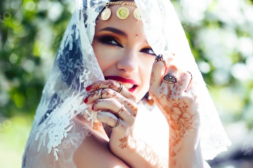 Preview: Young Pretty Indian Girl In Jewelry And Veil Posing Cheerful Happy Smiling In Green Park, Lifestyle