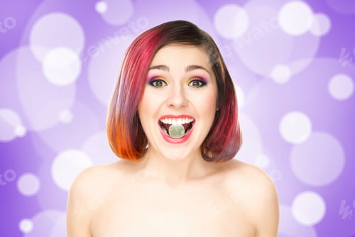 Preview: Beautiful Girl With Colored Hair Having A Jelly In Mouth On Bubbly Background.