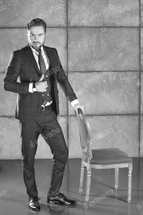 Preview: Handsome Man In Suit Full-Length Portrait. Black And White