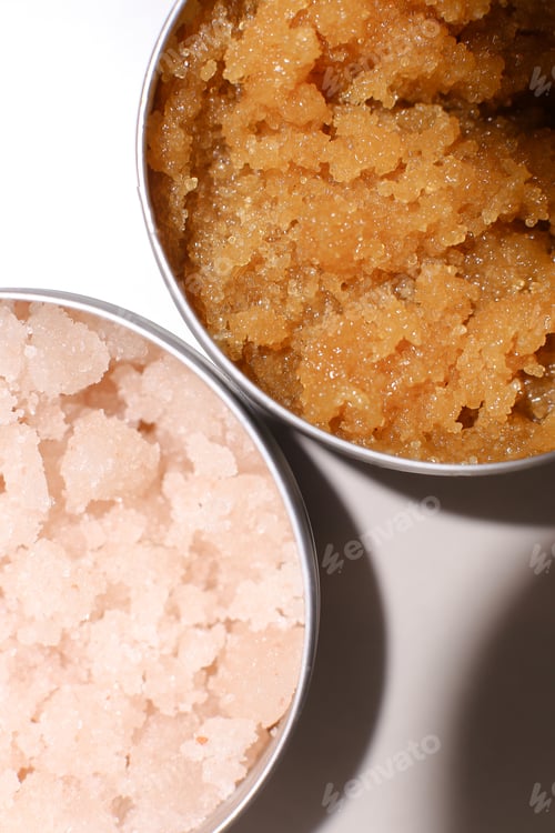 Preview: Body Scrub Of Oatmeal, Sugar, Honey And Oil In Melat Eco Jar On White Table, Homemade Cosmetic For