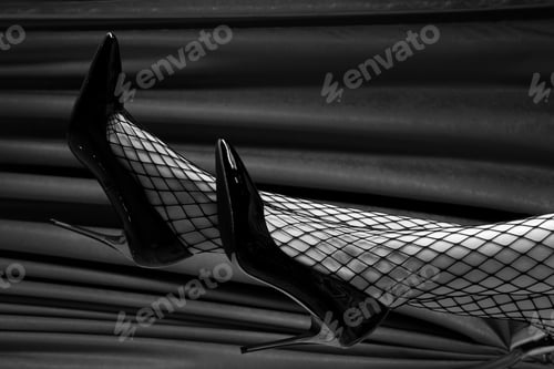 Preview: Black High Heel Shoes On Woman Legs Wearing Fishnet Pantyhose. Monochrome