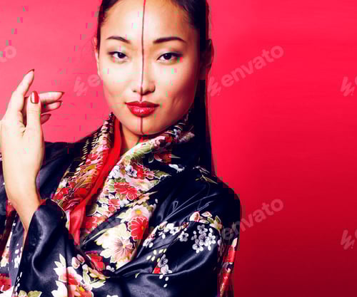 Preview: Young Pretty Geisha On Red Background Posing In Kimono, Oriental