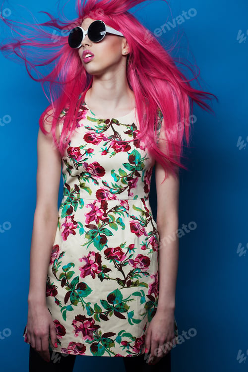 Preview: People And Fashion Concept: Fashion Model With Pink Hair And Big Sunglasses Over Blue Background