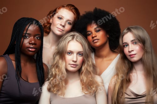 Preview: Young Pretty Asian, Caucasian, Afro Woman Posing Cheerful Together On Brown Background, Lifestyle