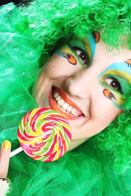 Preview: Girl With With Creative Make-Up Holds Lollipop. Doll Style.