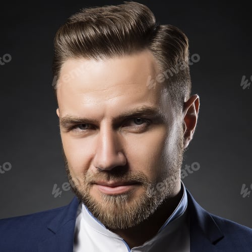 Preview: Portrait Of Handsome Stylish Caucasian Bearded Young Man In Elegant Blue Suit And White Shirt With