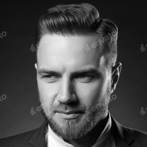 Preview: Close-Up Handsome Man Face With Smile, Hair Style, Suit And Shirt. Dark Background. Black And White