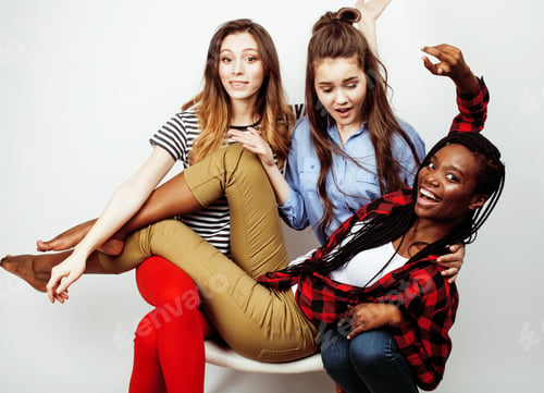 Preview: Diverse Multi Nation Girls Group, Teenage Friends Company Cheerful Having Fun, Happy Smiling, Cute