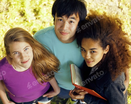 Preview: Cute Group Of Teenages At The Building Of University With Books Huggings, Diversity Nations, Having
