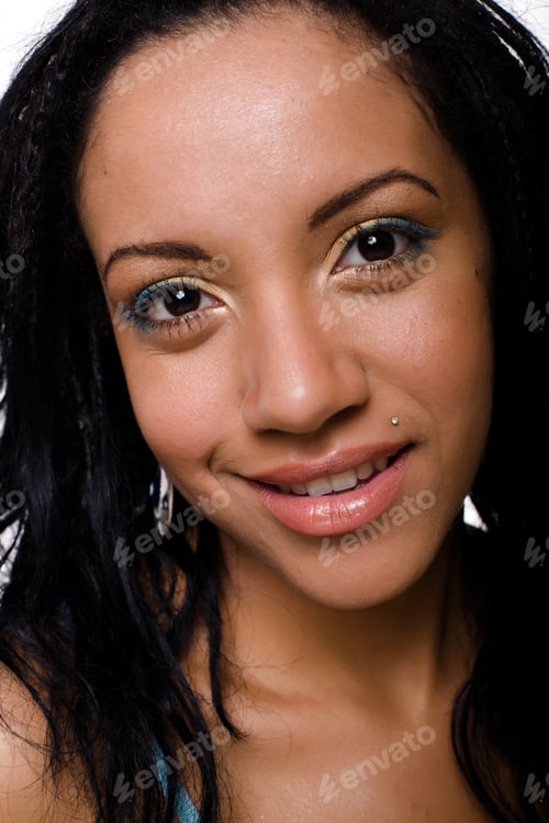 Preview: Close Up Portrait Of Beautiful Woman With Black Skin And Gold Make Up, Isolated On White Background