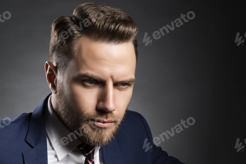 Preview: Young Handsome Bearded Caucasian Man With Blue Eyes Sitting On Chair. Perfect Skin And Hairstyle