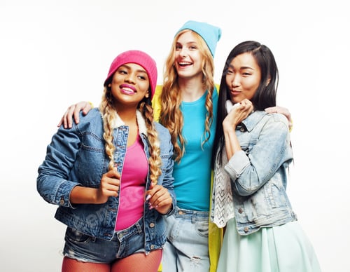 Preview: Diverse Nation Girls Group, Teenage Friends Company Cheerful Having Fun, Happy Smiling, Cute Posing