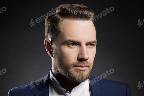 Preview: Portrait Of Handsome Stylish Caucasian Young Man In Elegant Blue Suit With Perfect Hair Style.